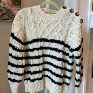 Sezane Cream & Black Striped Cable-Knit Button-Shoulder Sweater